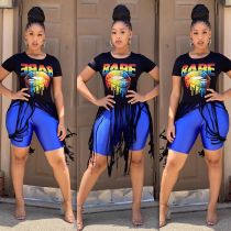 Lips Print Tassel Short Sleeve O Neck T Shirt FSL-098