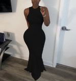 Plus Size Solid Sleeveless Rib Knitted Slim Maxi Dress BGN-095