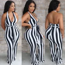 Sexy Fashion Halter Backless Striped Flare Jumpsuit With Belt BS-1205
