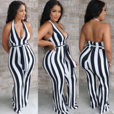 Sexy Fashion Halter Backless Striped Flare Jumpsuit With Belt BS-1205