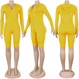Solid Hooded Zipper Long Sleeve 2 Piece Shorts Set SFY-137