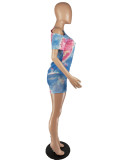 Sexy Tie-dye Irregular Sleeve T-shirt Shorts Two Piece Set NM-8304