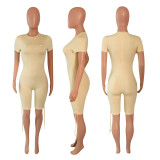 Solid Short Sleeve Drawstring Skinny Rompers NIK-149