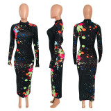 Plus Size 4XL Graffiti Print Long Sleeve Maxi Dress NIK-150