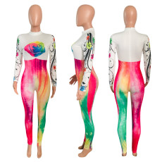 Flower Print Long Sleeve Skinny Jumpsuits NIK-151