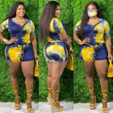 Plus Size 4XL Tie Dye V Neck Short Sleeve Rompers Without Mask SMD-2033