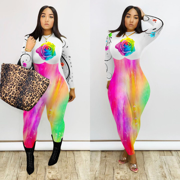 Flower Print Long Sleeve Skinny Jumpsuits NIK-151