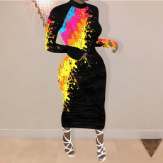 Plus Size 4XL Graffiti Print Long Sleeve Maxi Dress NIK-150