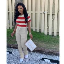 Casual Striped Short Sleeve Stacked Pants 2 Piece Sets TK-6101