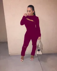 Plus Size Solid Zipper Hole Long Sleeve 2 Piece Pants Set MOF-8809