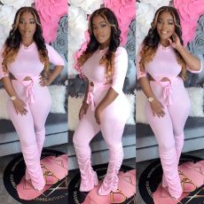 Solid Half Sleeve Tops Stacked Pants Two Piece Sets QY-5193