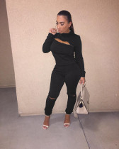 Plus Size Solid Zipper Hole Long Sleeve 2 Piece Pants Set MOF-8809