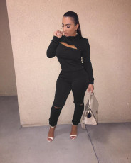 Plus Size Solid Zipper Hole Long Sleeve 2 Piece Pants Set MOF-8809