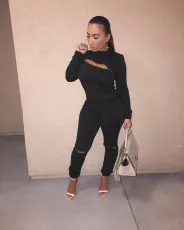 Plus Size Solid Zipper Hole Long Sleeve 2 Piece Pants Set MOF-8809