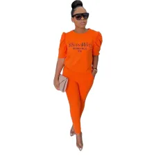 Letter Print Half Sleeve Two Piece Pants Set AL-197
