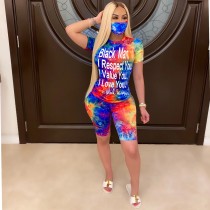 Letter Tie Dye Print 2 Piece Shorts Set Without Mask QZX-6139