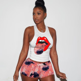 Plus Size 4XL Tie Dye Tongue Print Tank Top Shorts 2 Piece Sets TE-4068