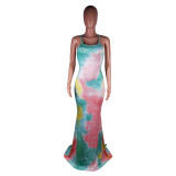 Sexy Tie Dye Cross Strap Backless Long Naxi Dress BS-1211