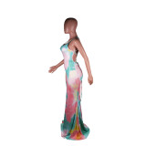 Sexy Tie Dye Cross Strap Backless Long Naxi Dress BS-1211