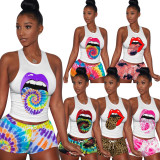 Plus Size 4XL Tie Dye Tongue Print Tank Top Shorts 2 Piece Sets TE-4068