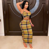 Plaid Print Spaghetti Strap Maxi Skirt Two Piece Sets HM-6335