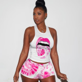 Plus Size 4XL Tie Dye Tongue Print Tank Top Shorts 2 Piece Sets TE-4068