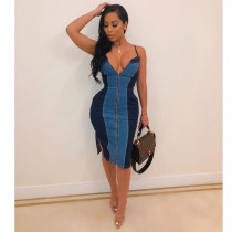Sexy Patckwork Straps Knee Length Denim Dress BS-1210