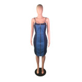Sexy Patckwork Straps Knee Length Denim Dress BS-1210