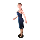 Sexy Patckwork Straps Knee Length Denim Dress BS-1210
