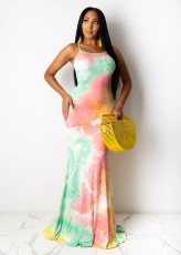 Sexy Tie Dye Cross Strap Backless Long Naxi Dress BS-1211