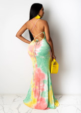 Sexy Tie Dye Cross Strap Backless Long Naxi Dress BS-1211