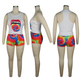 Plus Size 4XL Tie Dye Tongue Print Tank Top Shorts 2 Piece Sets TE-4068