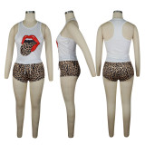 Plus Size 4XL Tie Dye Tongue Print Tank Top Shorts 2 Piece Sets TE-4068