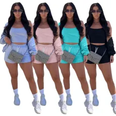 Plus Size Solid Cami Tops+Long Sleeve Coat+Shorts 3 Piece Sets LP-6230