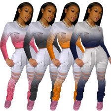 Gradient Long Sleeve Hole Stacked Pants 2 Piece Sets BLX-7517