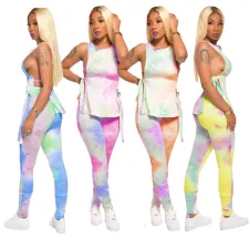 Tie Dye Sleeveless Ruched Lace Up 2 Piece Pants Set TR-1060