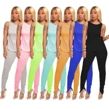 Solid Sleeveless Lace Up Stacked Pants Two Piece Sets TR-1059