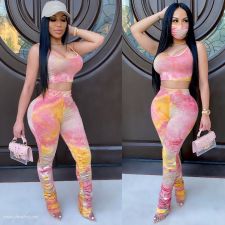 Tie Dye Print Tank Tops Stacked  Pants 2 Piece Sets XMY-9254