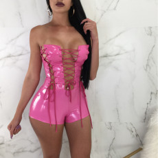 Sexy PU Leather Strapless Lace Up Hollow Rompers BN-9064