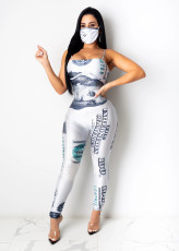 Dollar Print Sapaghetti Strap Jumpsuits With Mask CHY-1246