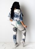 Plus Size Dollar Print Half Sleeve 2Piece Pants Set CHY-1244