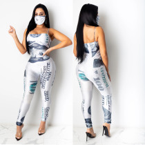 Dollar Print Sapaghetti Strap Jumpsuits With Mask CHY-1246