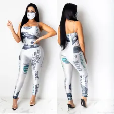 Dollar Print Sapaghetti Strap Jumpsuits With Mask CHY-1246