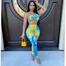 Sexy Tie Dye Halter Backless One Piece Jumpsuits CHY-1250