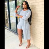 Plus Size Solid Rib Sleeveless Romper+Long Cloak 2 Piece Sets MDF-5153