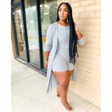 Plus Size Solid Rib Sleeveless Romper+Long Cloak 2 Piece Sets MDF-5153