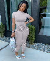 Solid Short Sleeve Ruched Stacked Jumpsuits QZX-6143