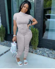 Solid Short Sleeve Ruched Stacked Jumpsuits QZX-6143
