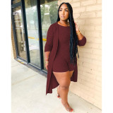 Plus Size Solid Rib Sleeveless Romper+Long Cloak 2 Piece Sets MDF-5153