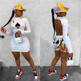 Poker Print Backless Long Sleeve Mini Dress IV-8113